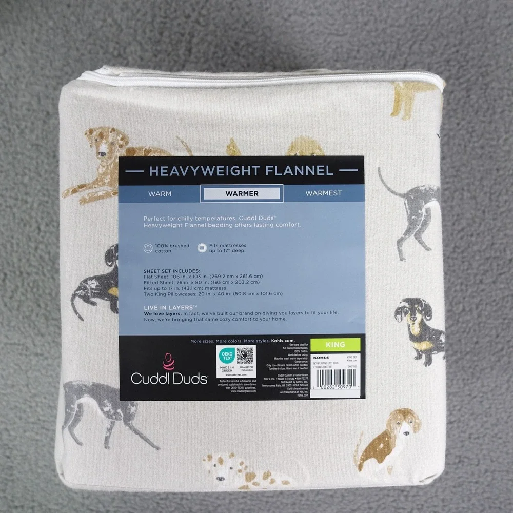 Cuddl Duds King Sheet Set Heavyweight Flannel Dog Toss 100% Cotton 4pc New